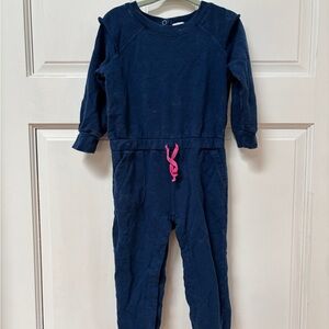 Acid-Washed Navy Blue Long Sleeve Jumpsuit with ruffle shoulders